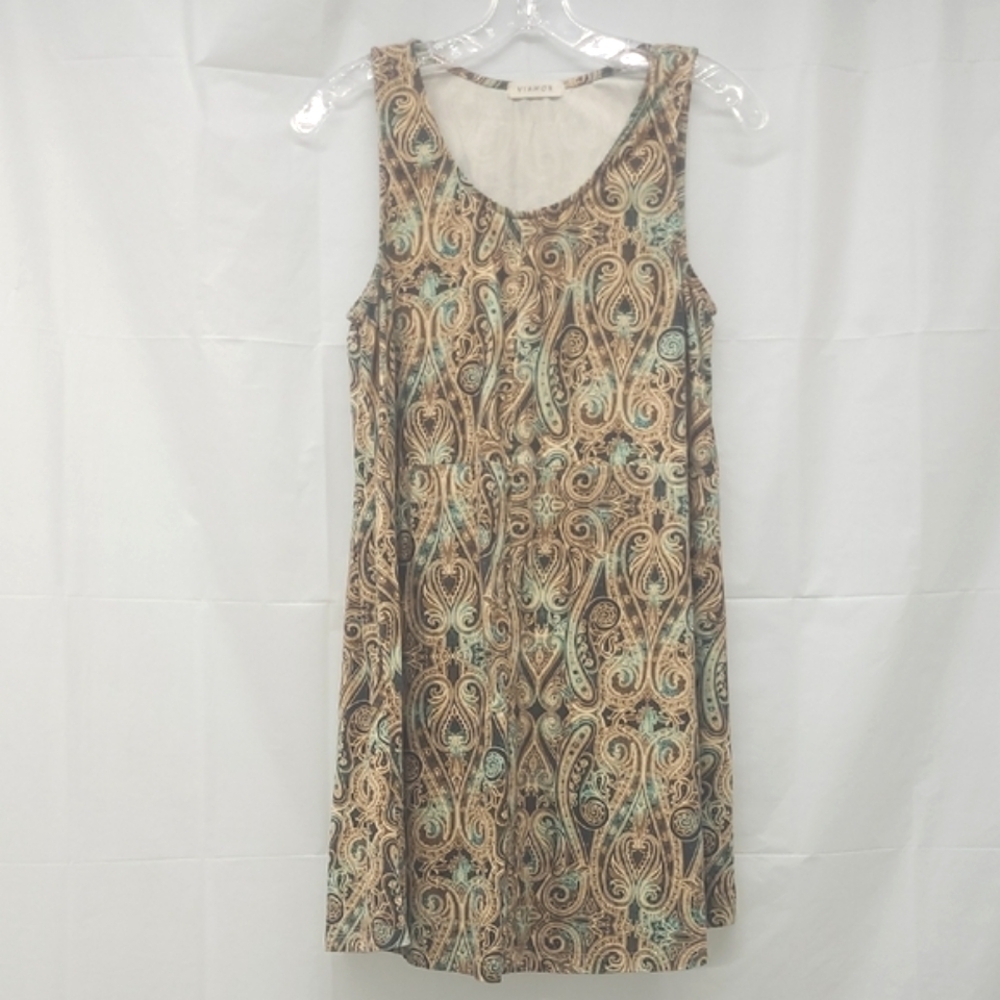 Midi Sundress Microsuede Sheath Dress Rich Swirly Print Brown Blue Contrast Boho